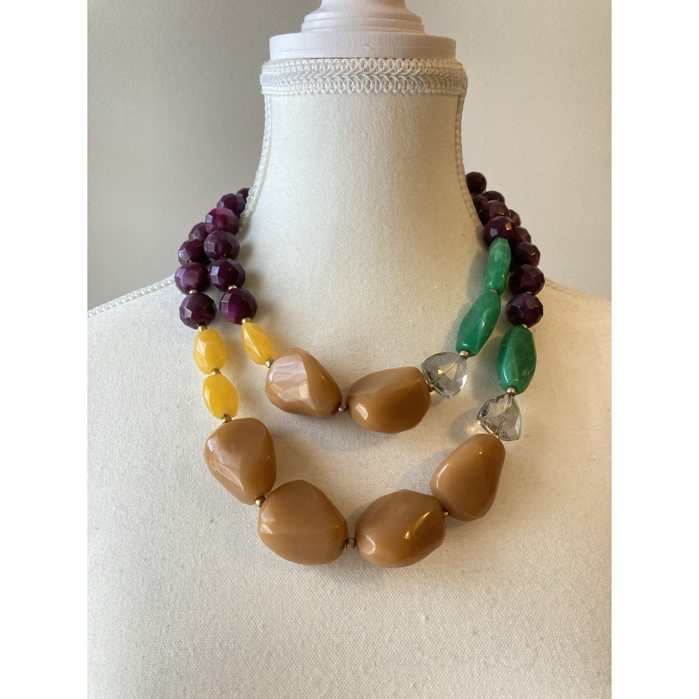 Colorful Chunky Beaded Statement Necklace Purple Green Yellow Gold Tone Retro
